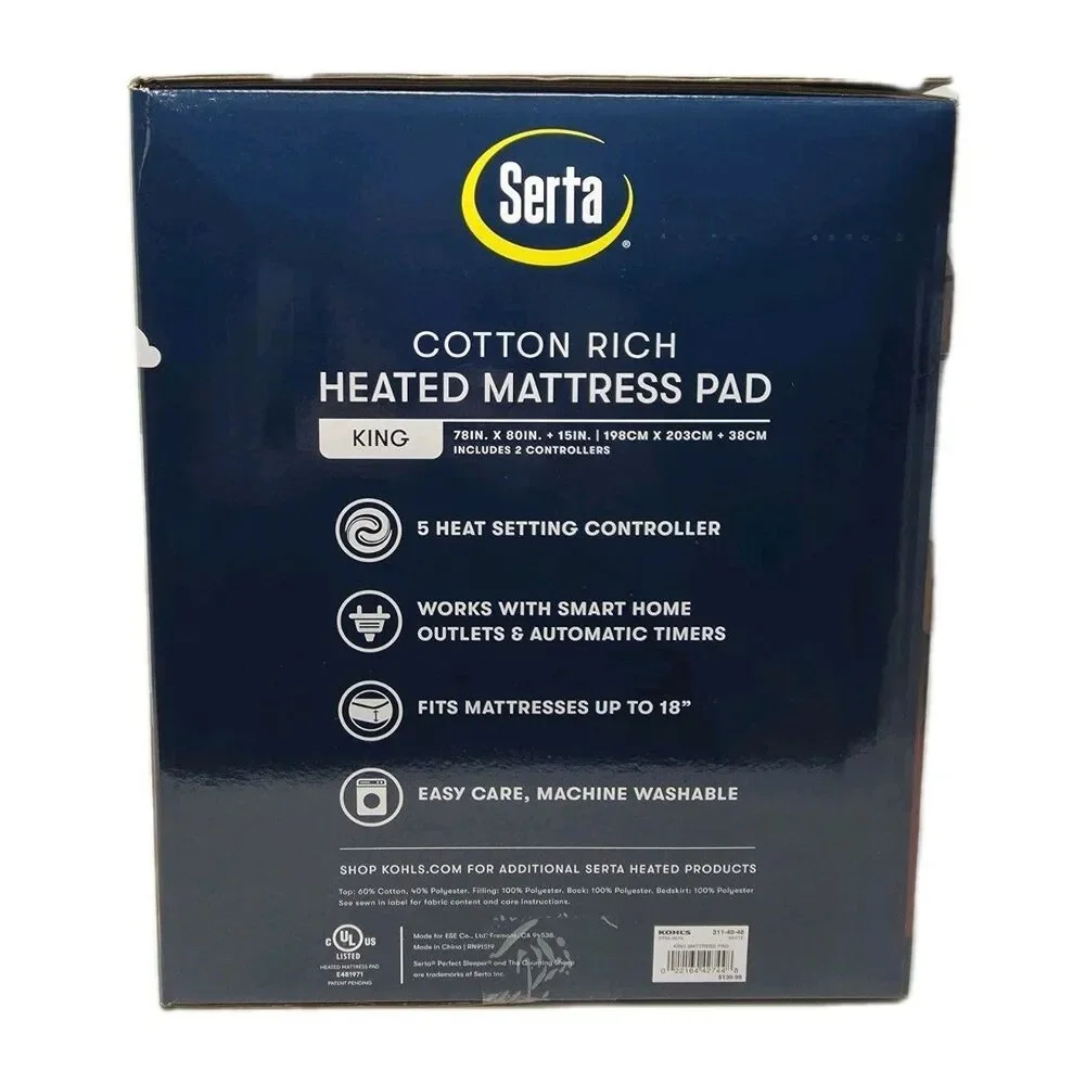 Serta Cotton Rich King Heated Mattress Pad Deep Fit, 5 Settings + 2 Controllers